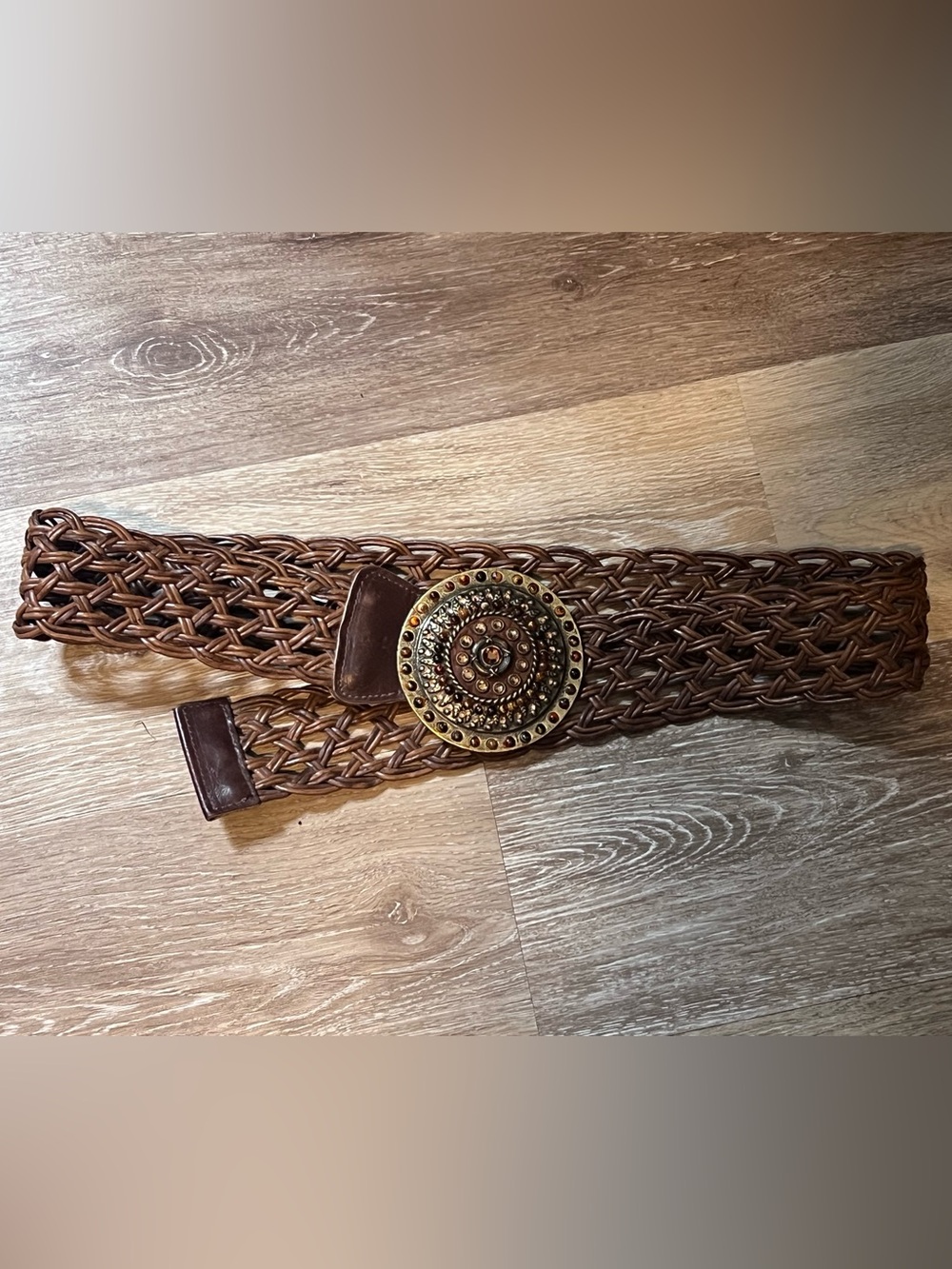 Leatherock belt Braided Brown Leather Waist Belt with Decorative Medallion
